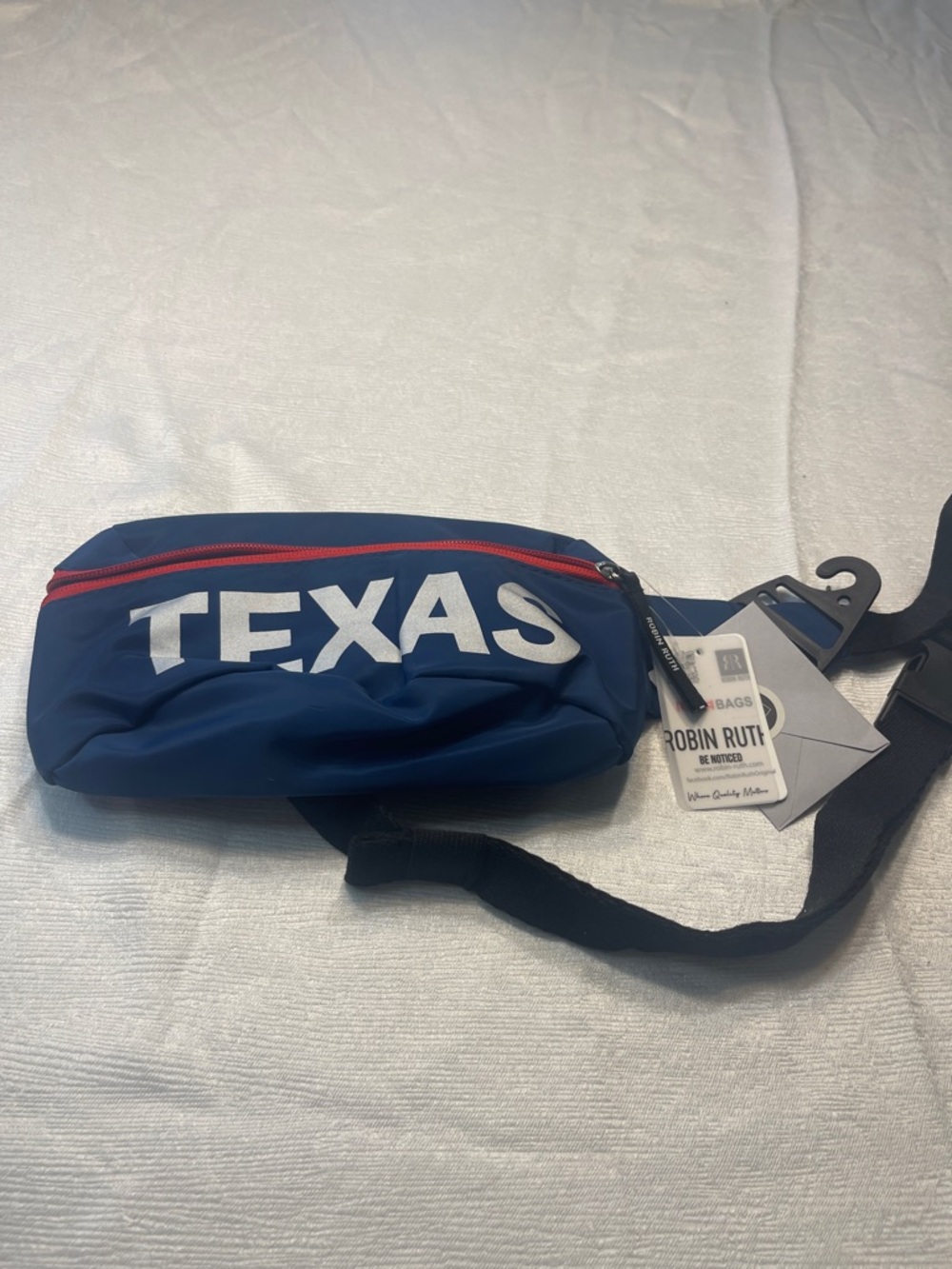 Robin Ruth Blue Waist Bag with Red Zip and White TEXAS Print